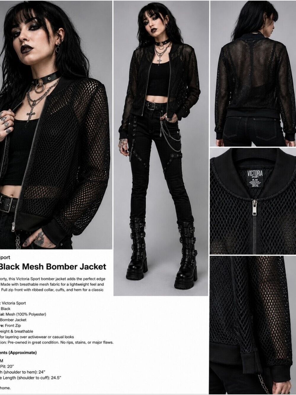 Victoria Sport Black Mesh Bomber Jacket Goth Streetwear